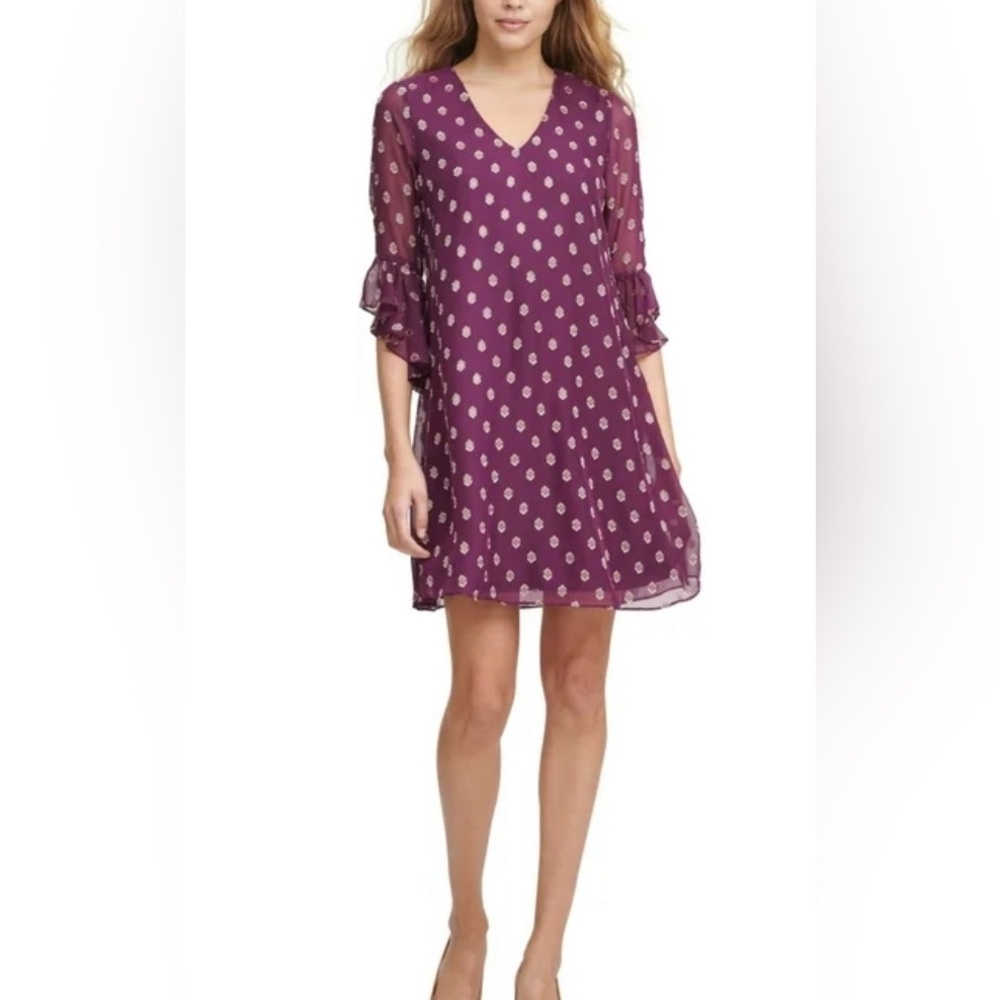 NWT Calvin Klein Womens Metallic Mini Dress with Tie Sleeves